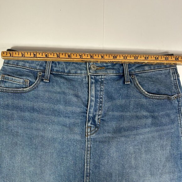 Old Navy Women Blue Jean Stretch Denim Pencil Skirt Raw Hem Front Slit Sz 10 - Picture 8 of 9